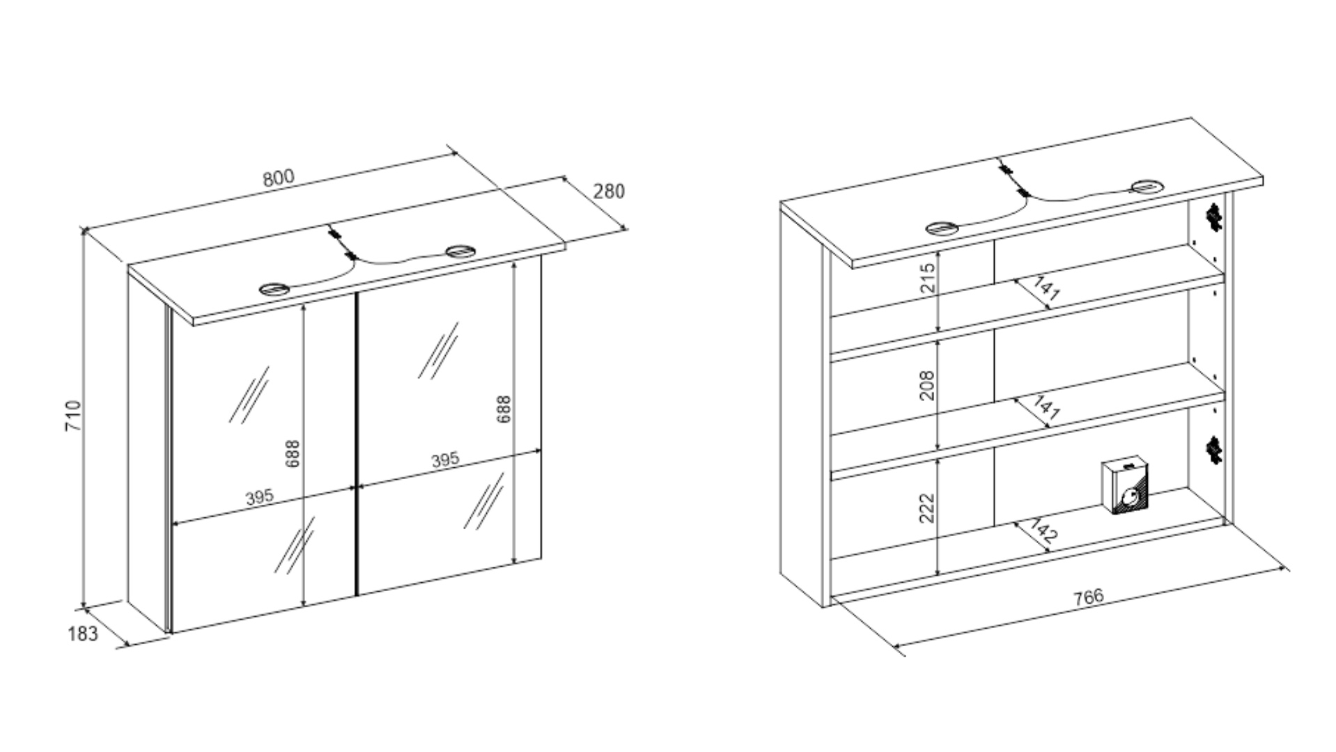 Specchio contenitore Bianco lucido con led inclusi