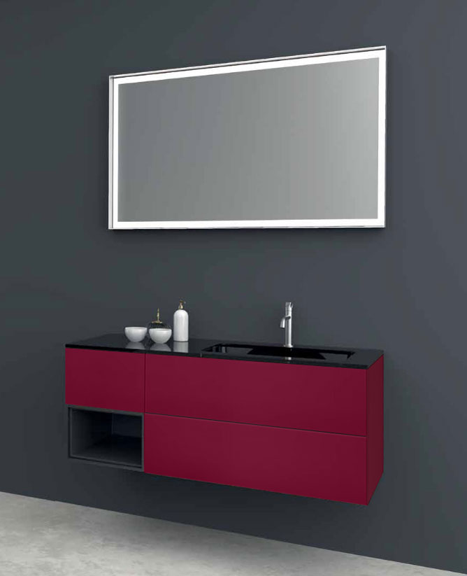 Mobile bagno sospeso 3 cassetti, lavabo integrato, finitura Rosso vino e Cristallo nero lucido