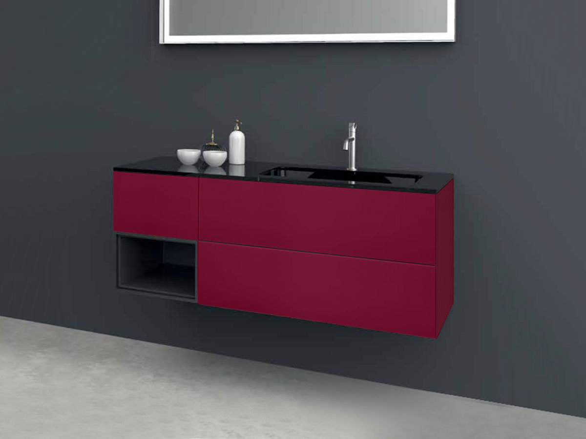Mobile bagno sospeso 3 cassetti, lavabo integrato, finitura Rosso vino e Cristallo nero lucido
