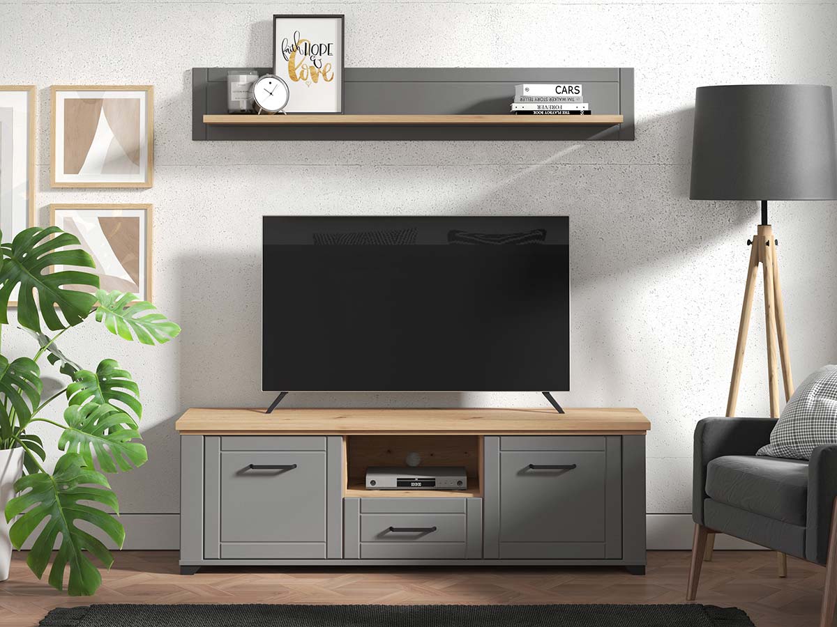 Mobile tv contemporaneo, due ante, un cassetto, finitura Rovere e Grafite