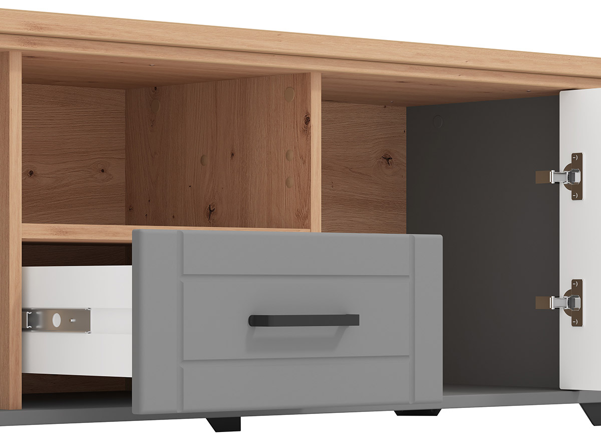 Mobile tv contemporaneo, due ante, un cassetto, finitura Rovere e Grafite