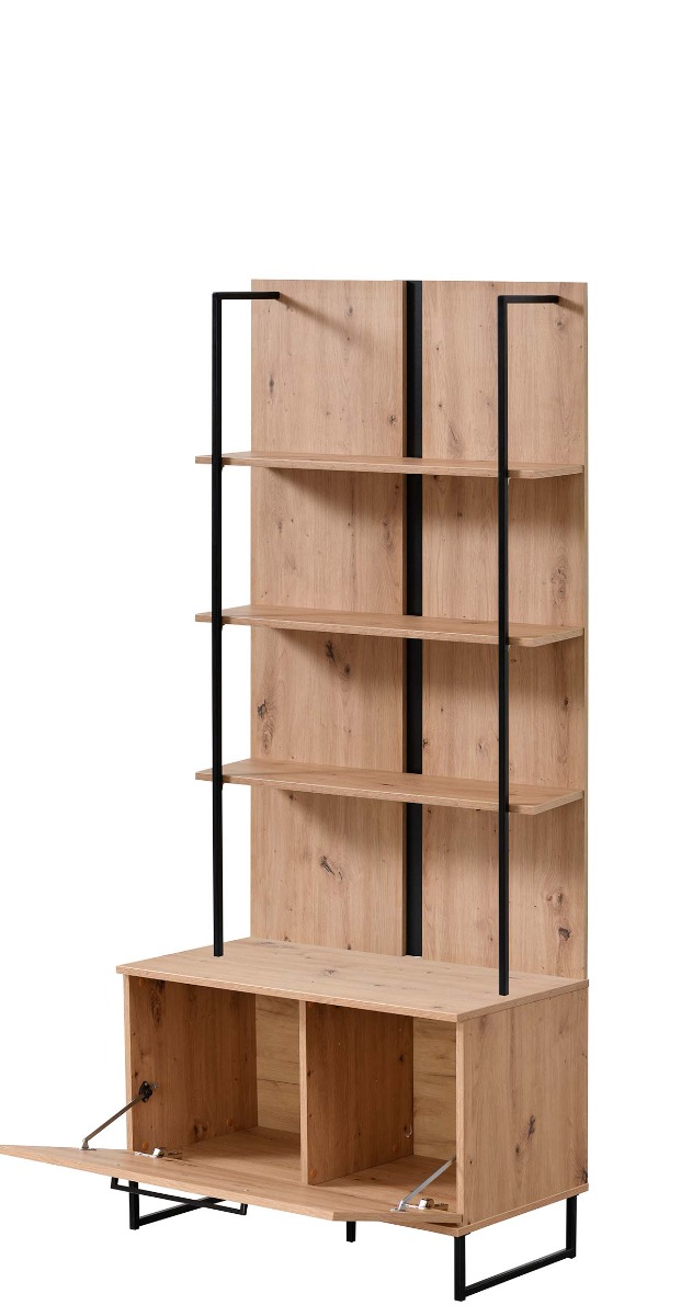 Mobile ingresso industry con ripiani e ribalta, finitura Rovere e Nero
