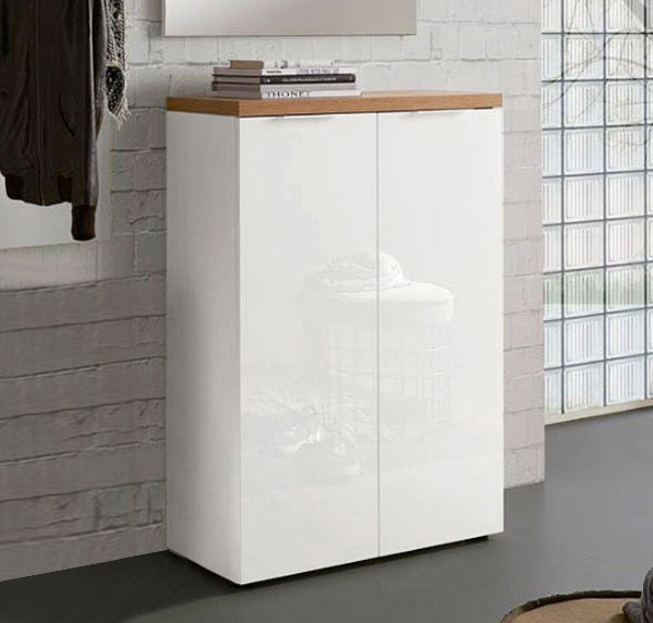 Madia scarpiera alta 2 ante colore Bianco laccato lucido e Castagno