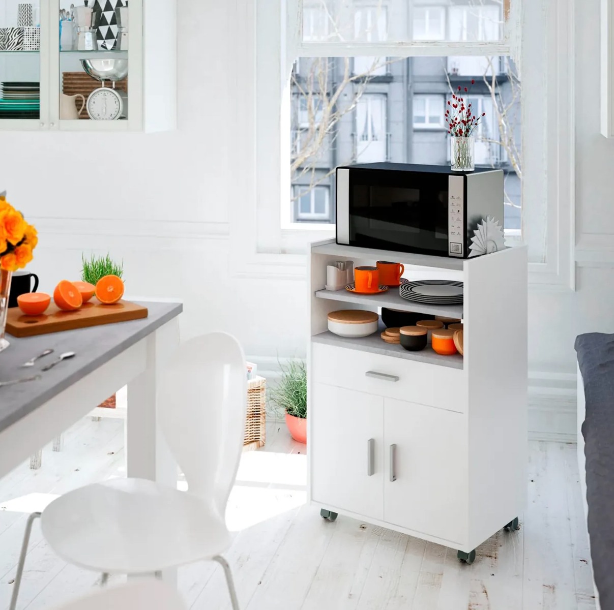 Mobile per cucina con piano ad estrazione, finitura Bianco e Cemento