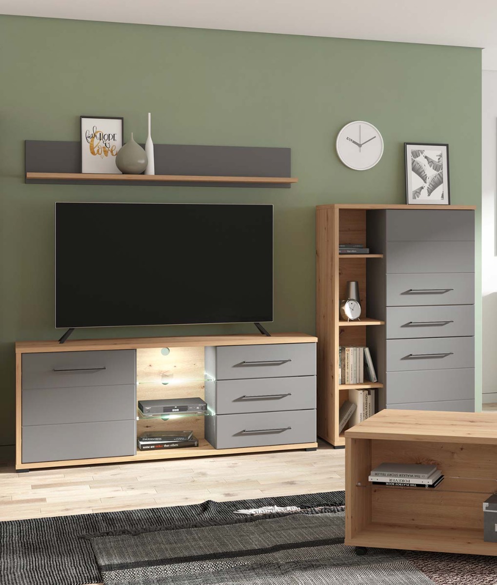 Madia alta 2 ante 1 cassetto, finitura Rovere e Grafite