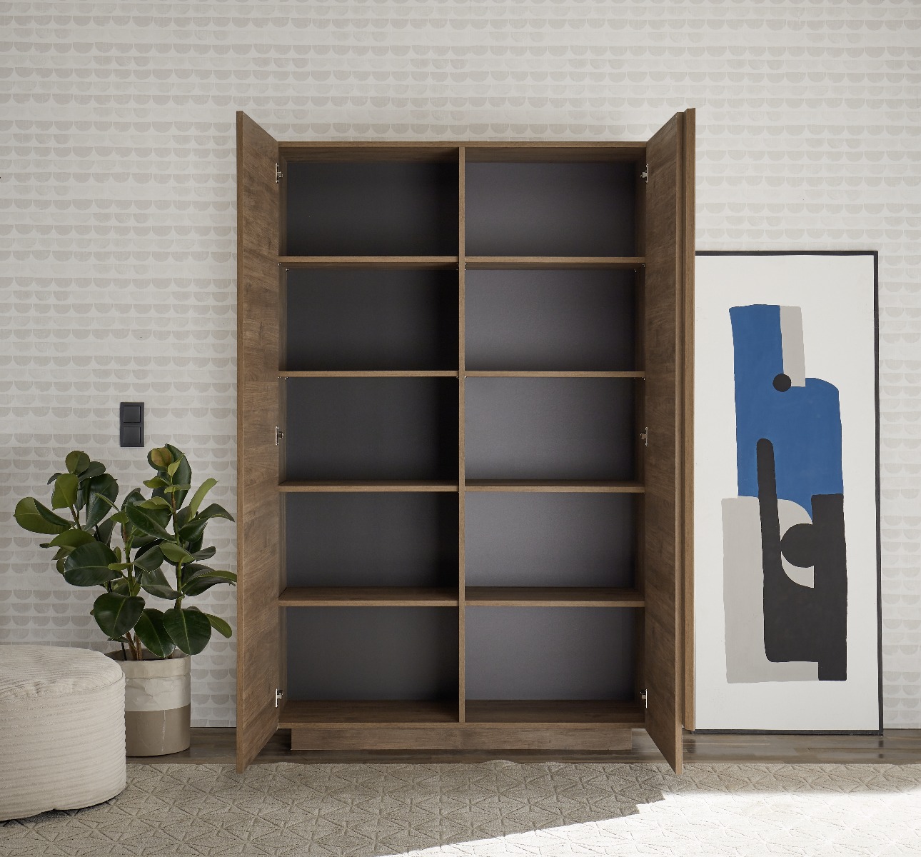 Soggiorno moderno scontato con tavolo, credenza e colonna in finitura Mercure