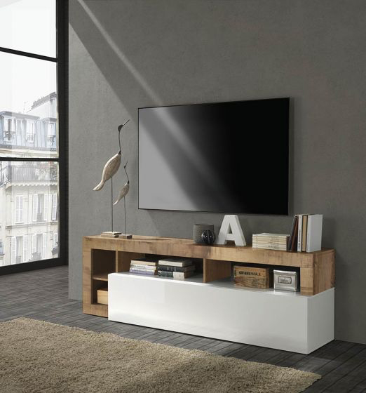 Pratico e funzionale Porta Tv moderno in finitura bianco laccato lucido e pero