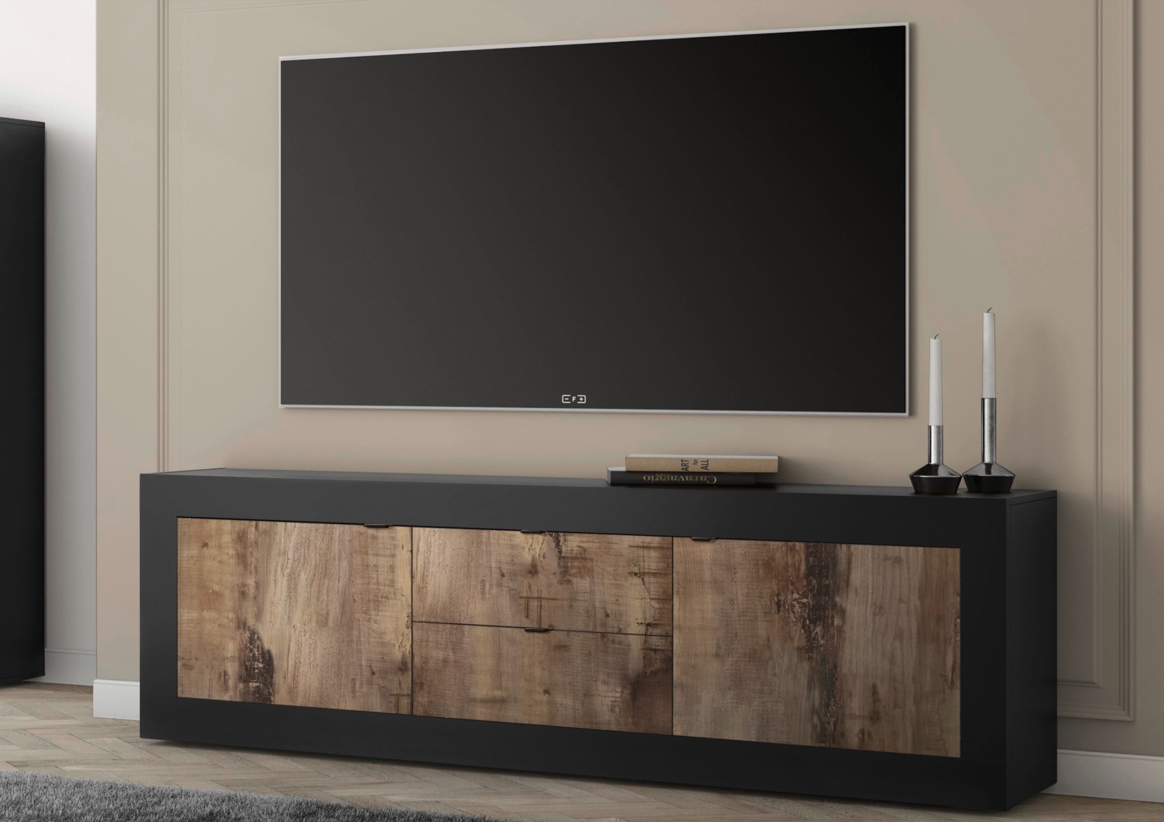 Mobile porta tv design moderno, 2 ante e 2 cassetti, Nero e Pero