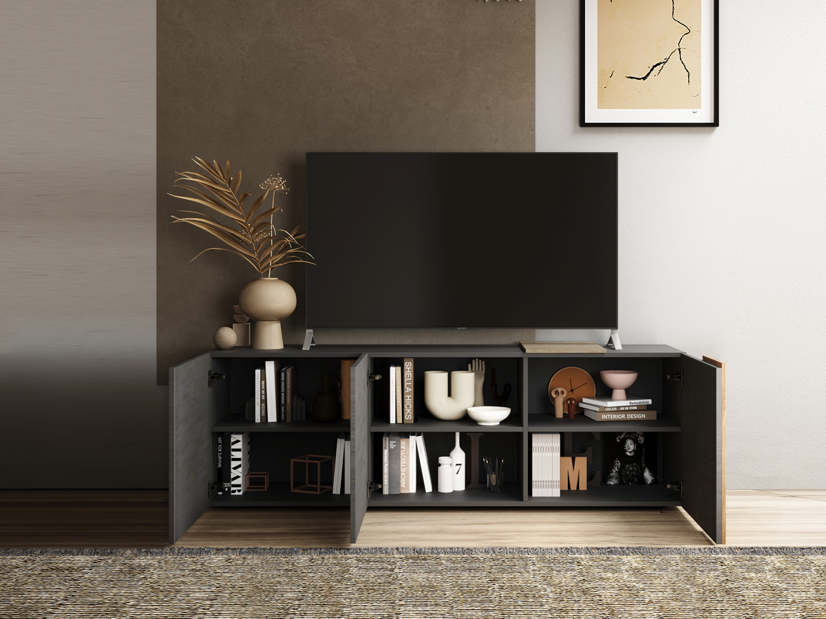 Soggiorno moderno composto da madia e porta tv, titanio