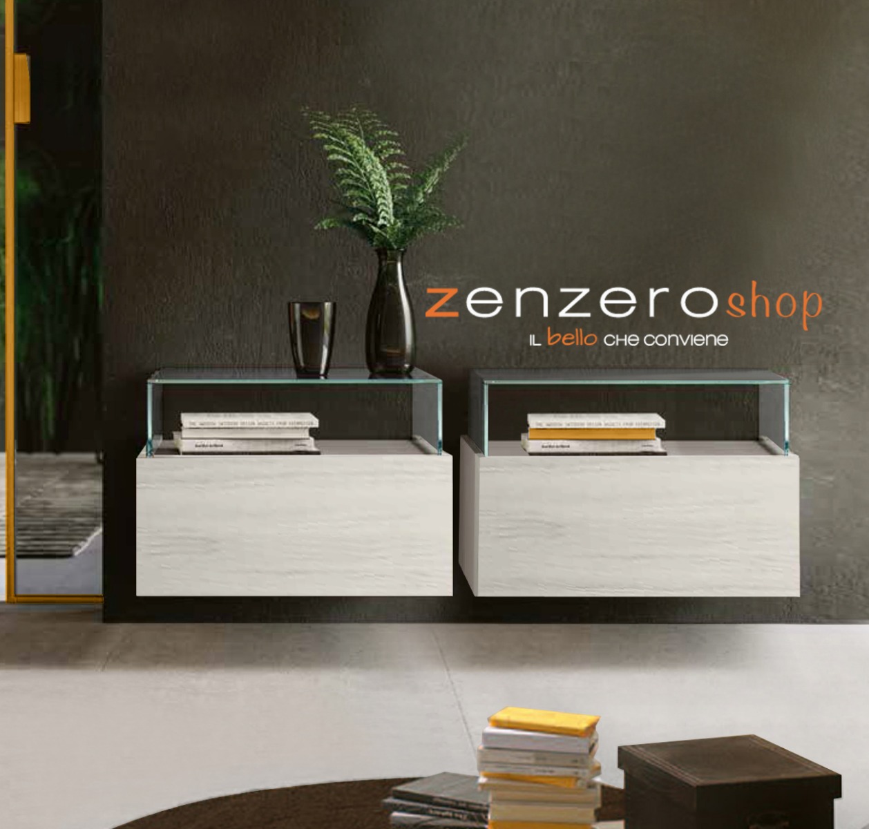 Comodino sospeso Palawan con teca in vetro in finitura Grigio seta e Bianco altea 