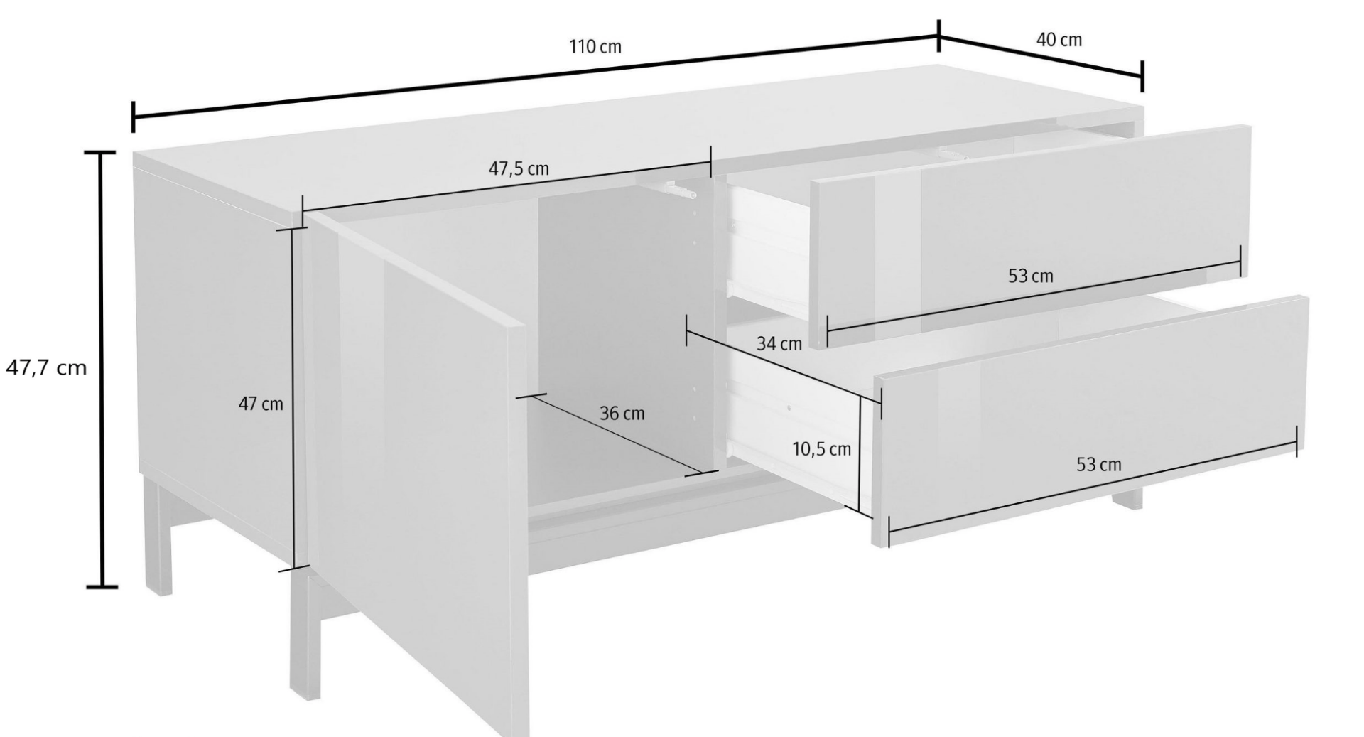 Porta TV di design, 2 cassetti 1 anta in finitura bianco lucido