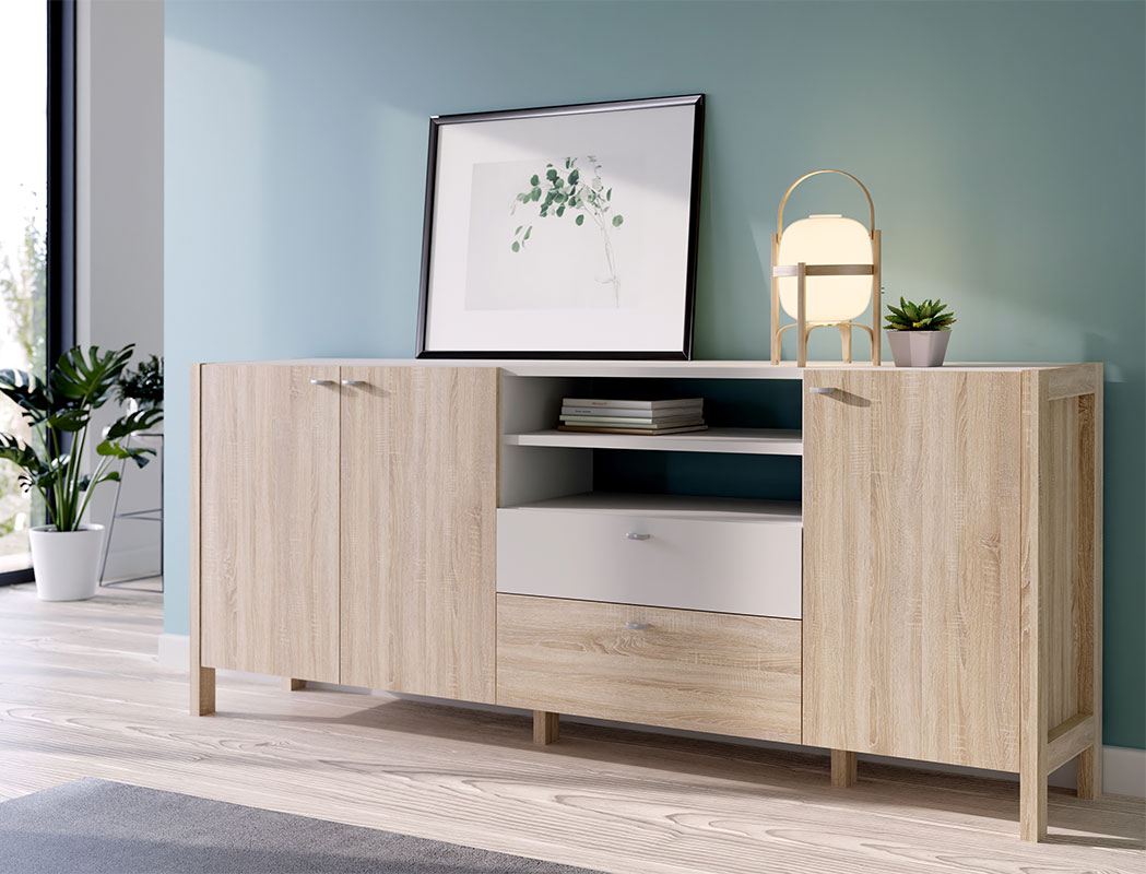Mobile credenza con 3 ante, 2 cassetti e vano a giorno, Rovere sonoma e Bianco