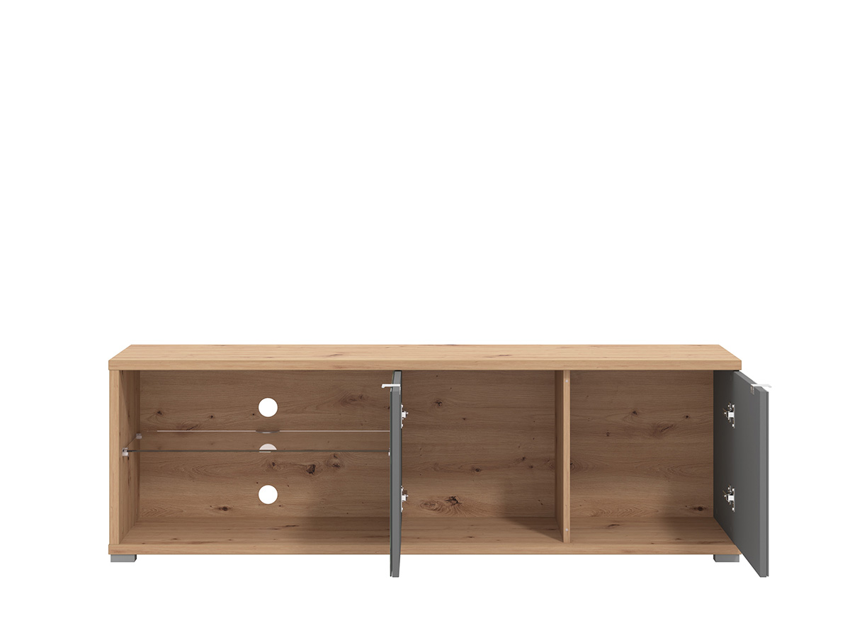 Mobile tv 2 ante e ripiano vetro, finitura Grigio grafite e Rovere