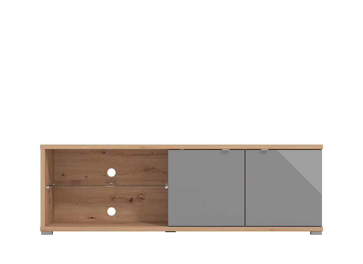 Mobile tv 2 ante e ripiano vetro, finitura Grigio grafite e Rovere