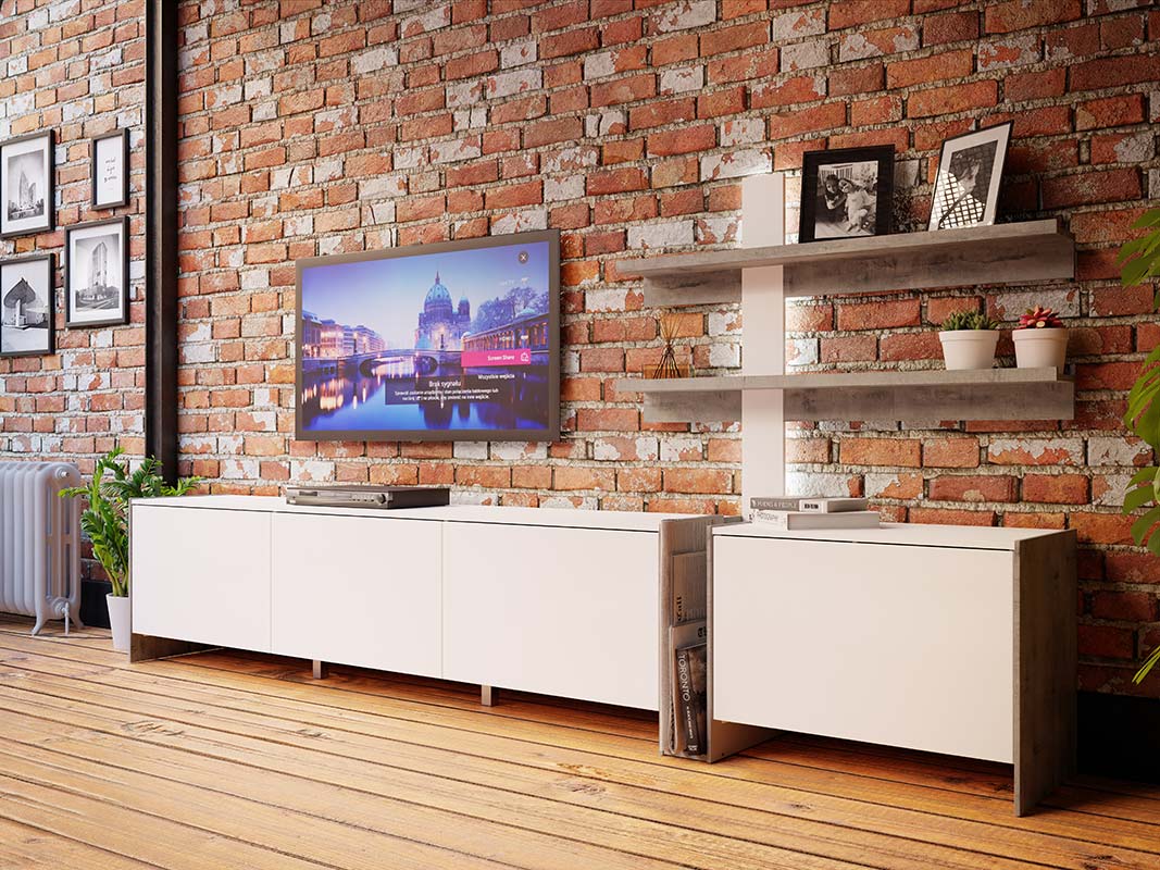 Soggiorno con parete attrezzata e madia, Bianca lucido e Grigio loftwood