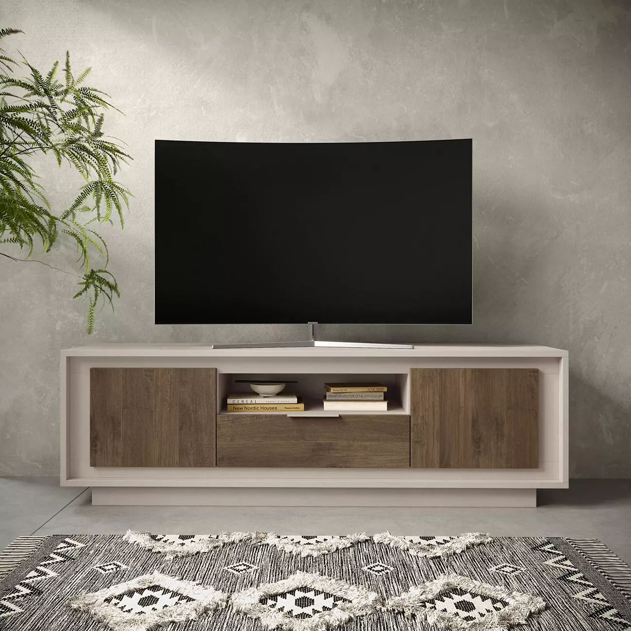 soggiorno moderno con vetrine cashmere