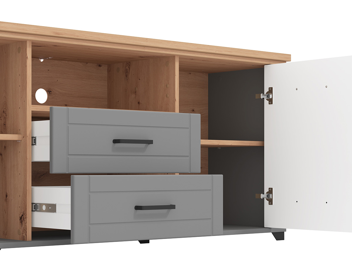 Mobile tv contemporaneo con cassetti, finitura Rovere e Grafite