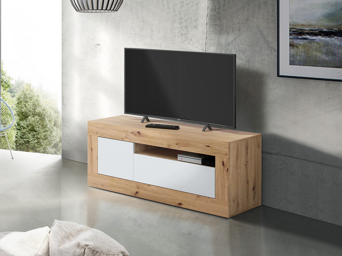 Mobile tv rovere nodi e bianco opaco con anta e ribalta