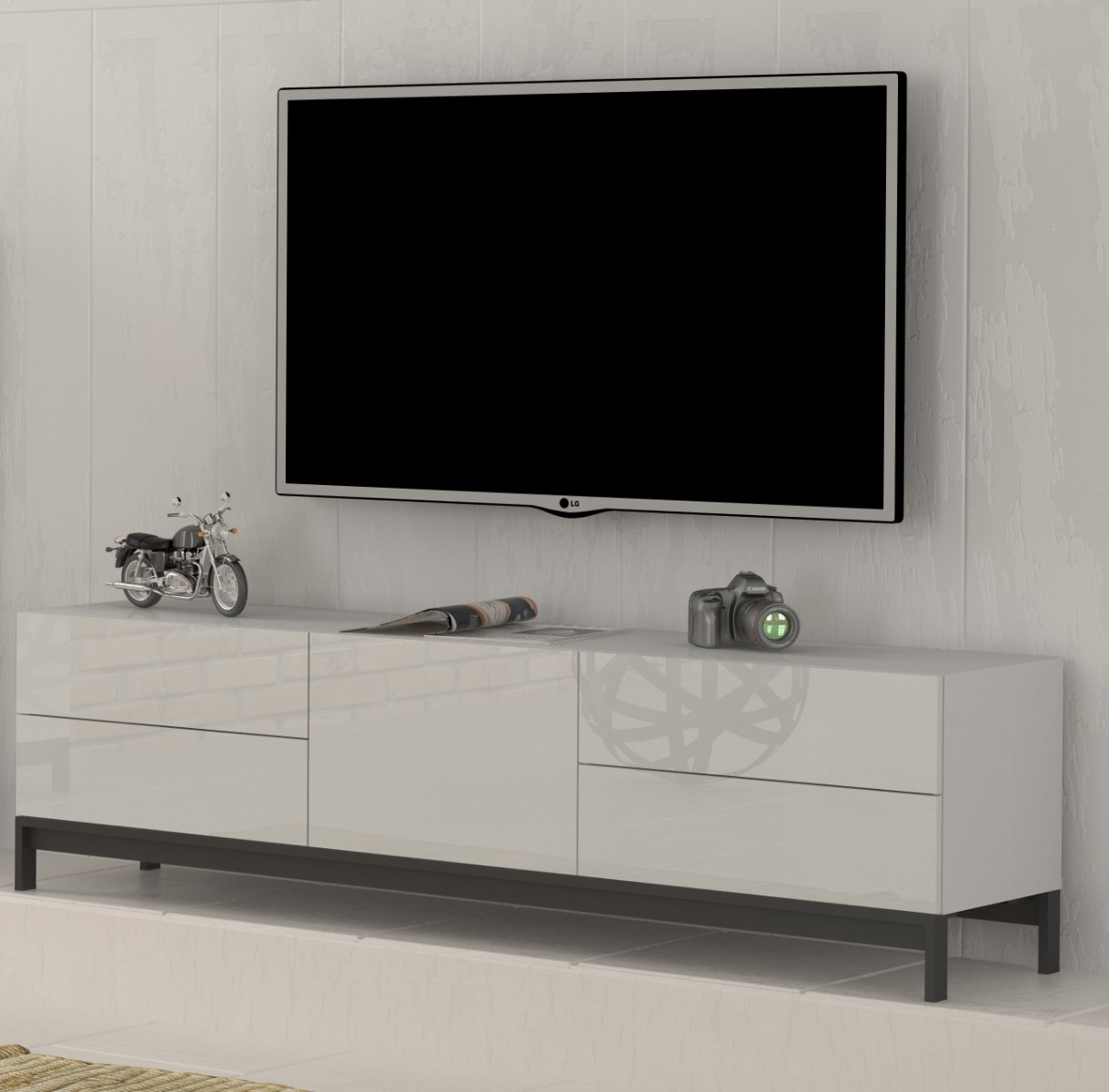 Porta TV di design, 4 cassetti 1 anta in finitura bianco lucido