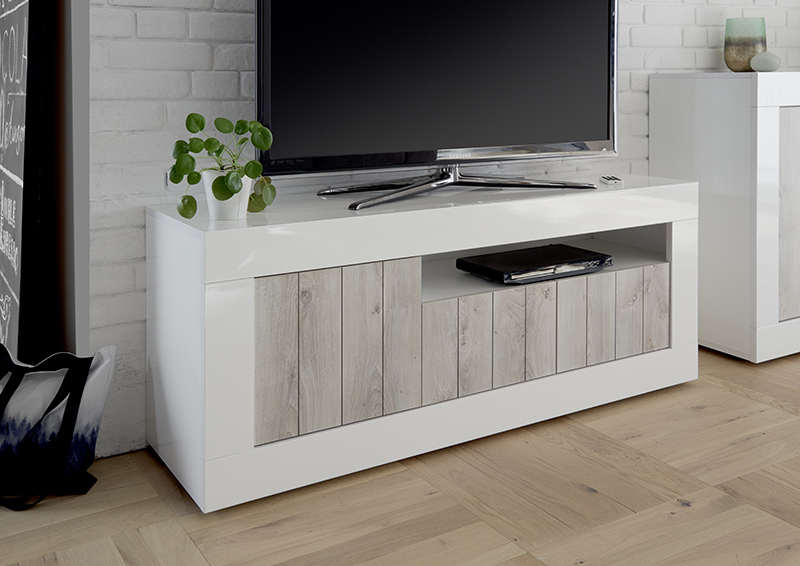 Mobili tv moderno a 3 ante, moderno e di design, finitura Bianco Lucido e Pino Bianco