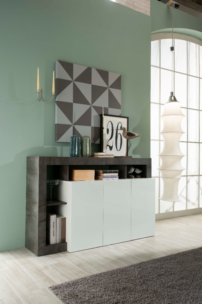 Soggiorno di design composto da parete attrezzata e madia a 3 ante in finitura bianco e ossido