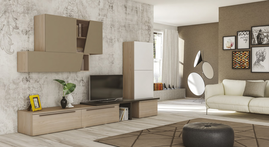 Parete attrezzata moderna, Olmo perla, Visone, Bianco seta e Fango,  Made in Italy