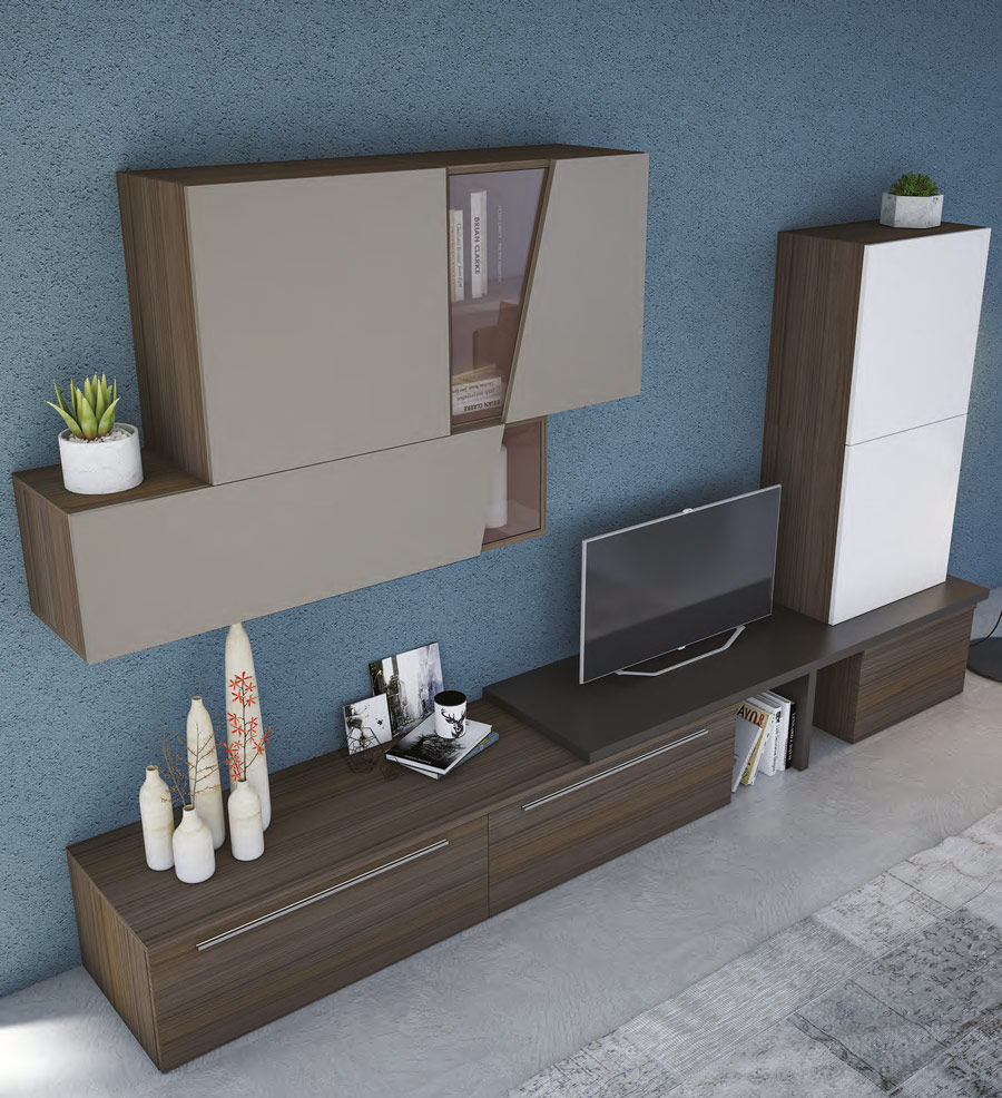 Parete attrezzata moderna, in finitura Noce,  Visone, Bianco seta e Fango, Made in Italy