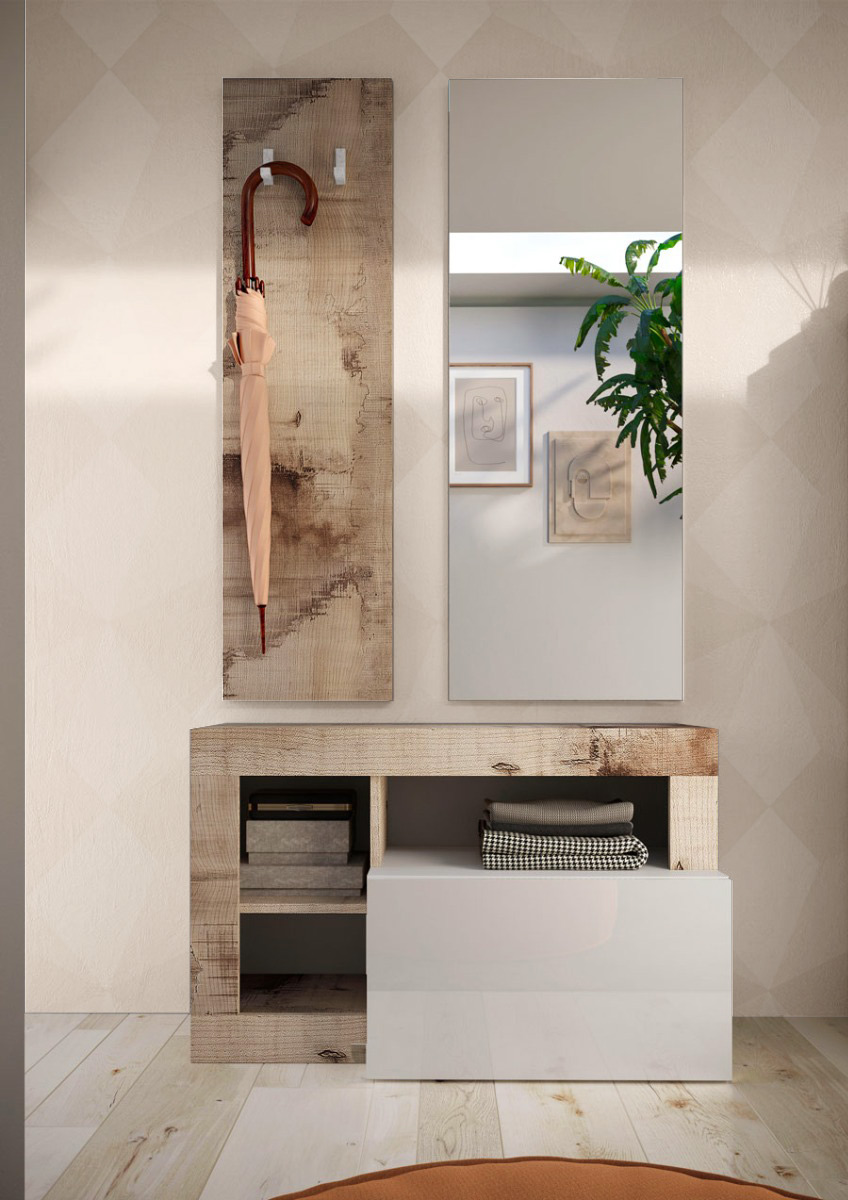 Ingresso composto da una panca, un pannello porta abiti e uno specchio Bianco lucido e Pero