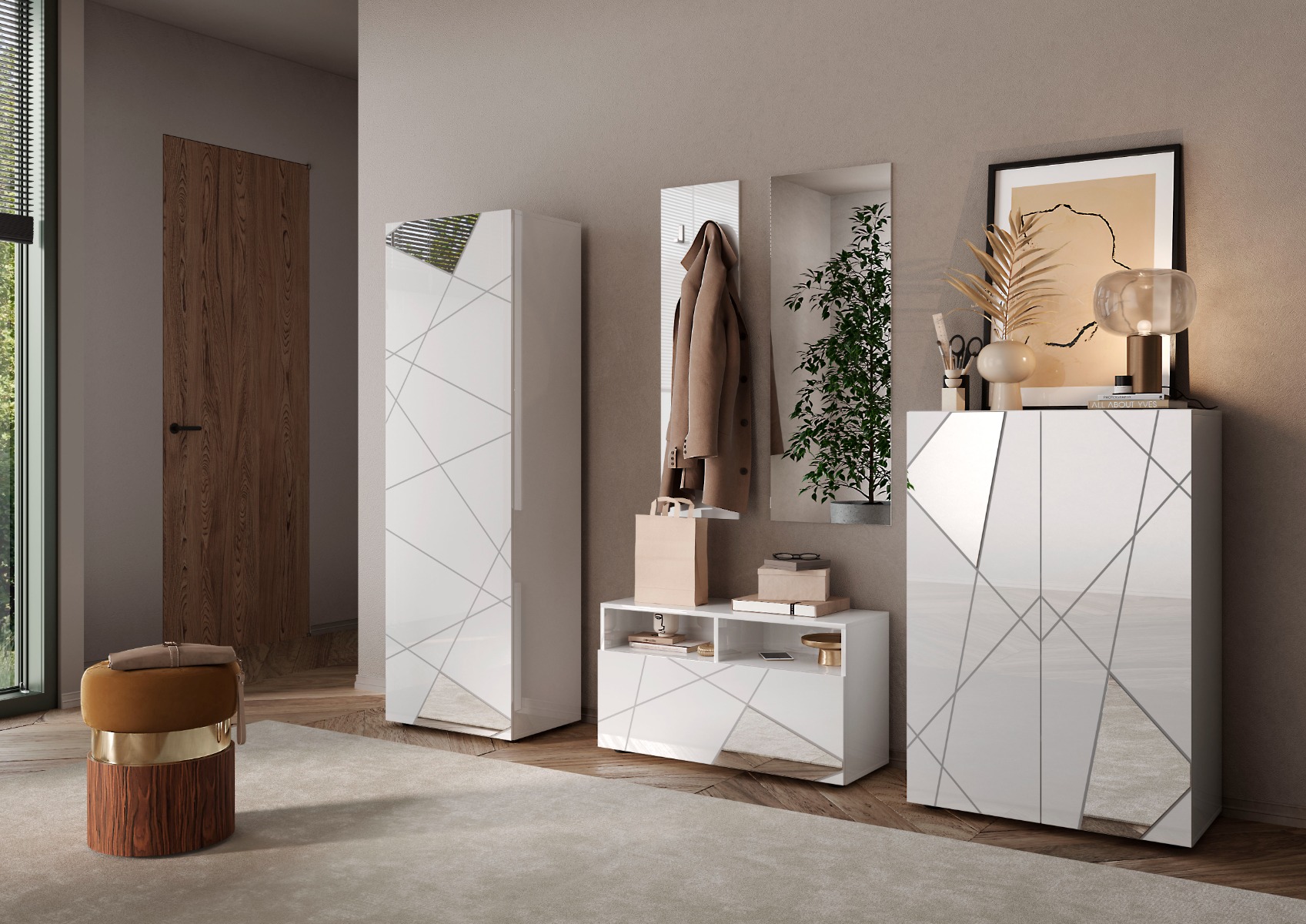 Ingresso completo composto da guardaroba, panca, specchio, appendiabiti e madia 2 ante Zenzero Shop