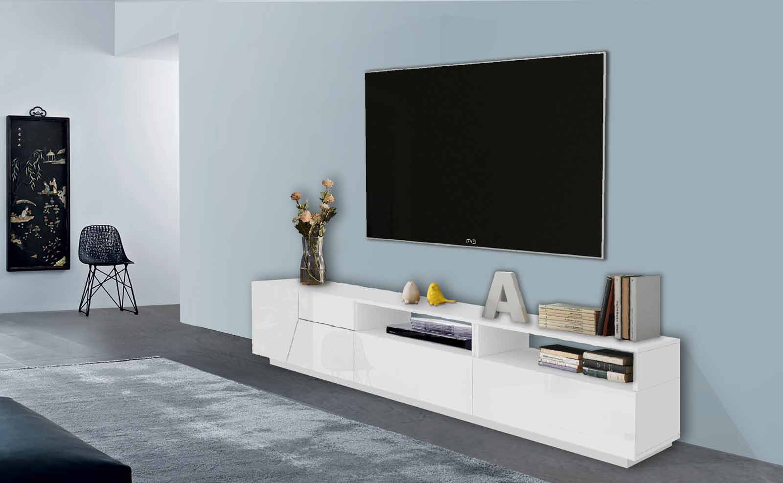 Nuovo Porta TV geometrico larghezza 200 cm, Bianco Lucido 
