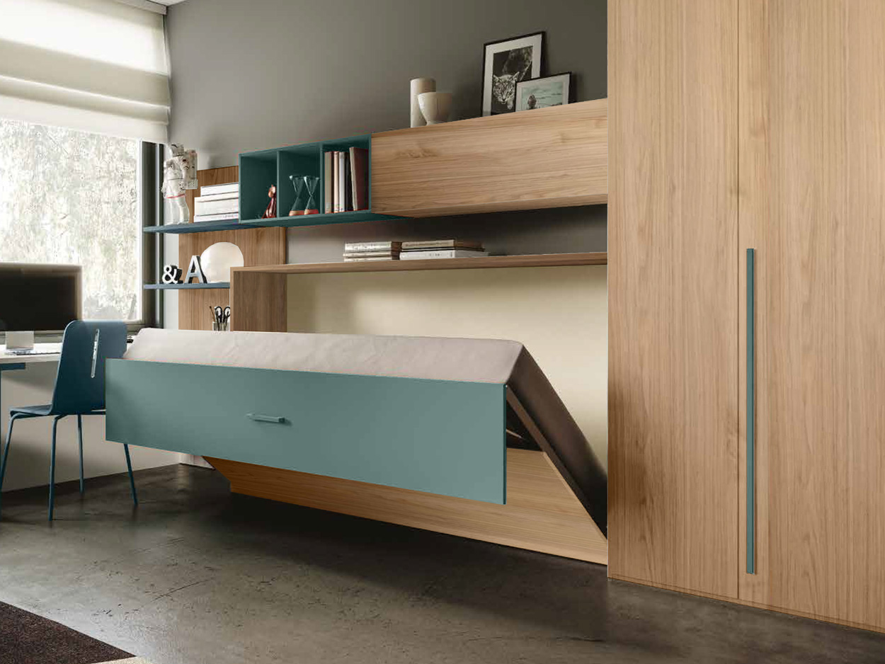 Letto trasformabile una piazza e mezza Noce biondo e Verde salvia a scomparsa, orizzontale