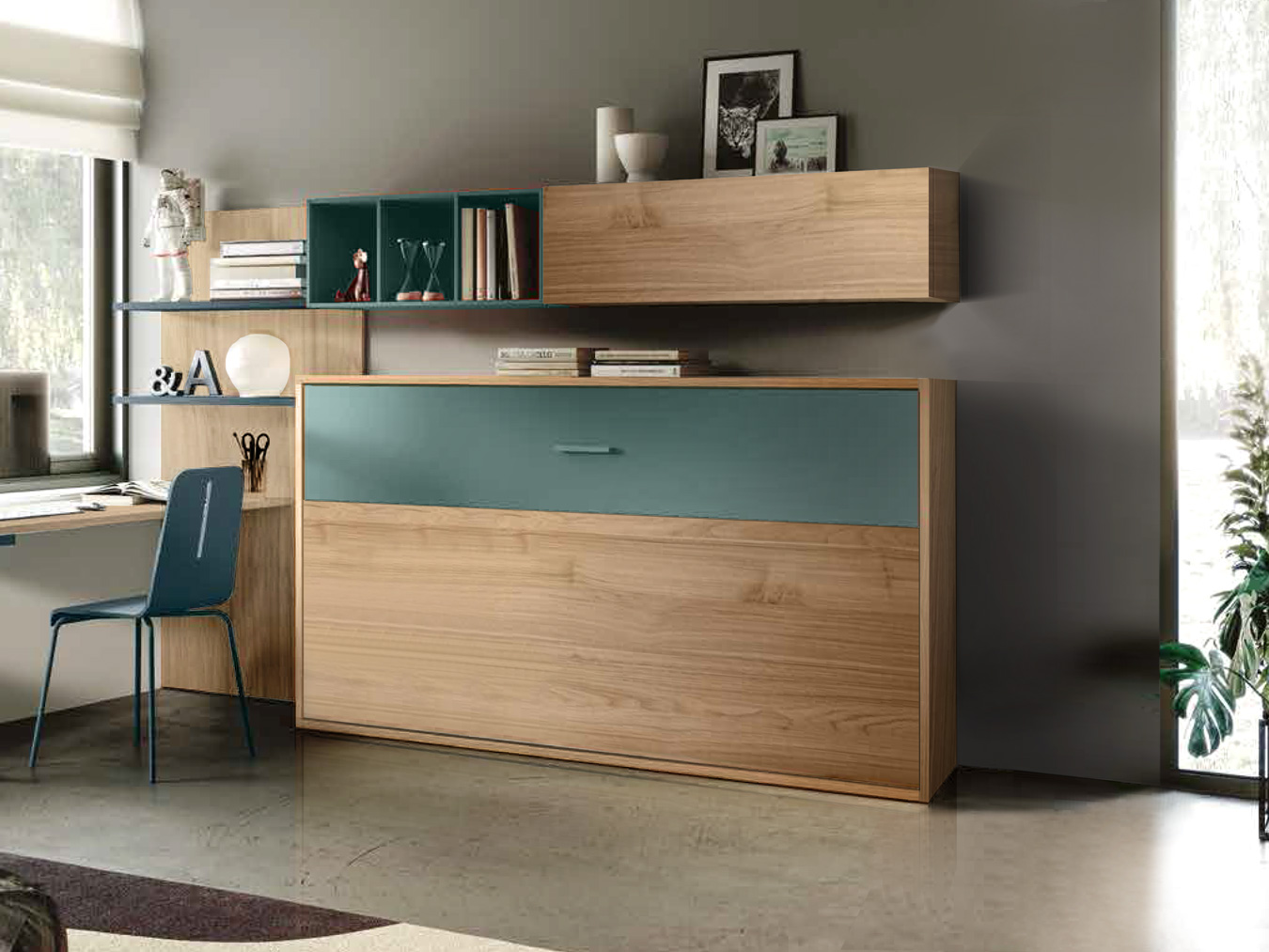 Letto trasformabile una piazza e mezza Noce biondo e Verde salvia a scomparsa, orizzontale