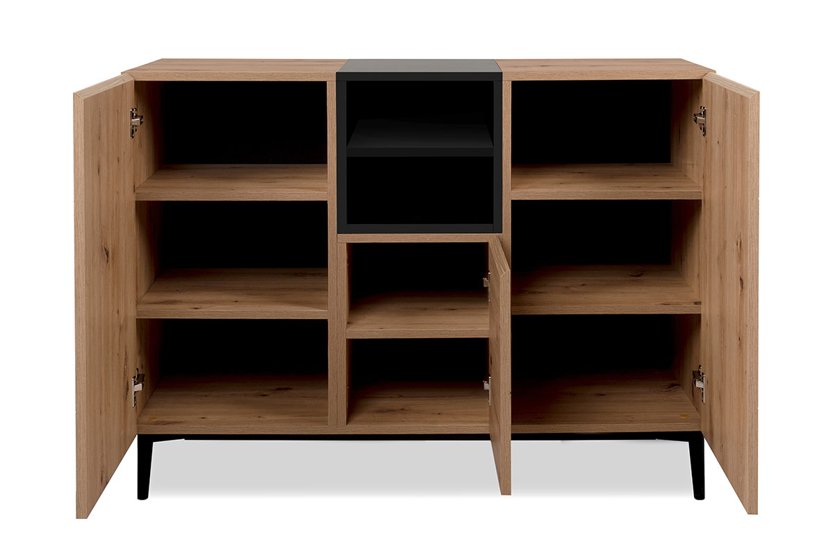 Sala moderna Glesborg con 2 madie in finitura Rovere e Nero carbone