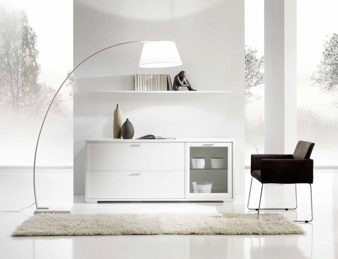 Credenza contenitore con anta in vetro, anta ribalta e cassettone inferiore 
