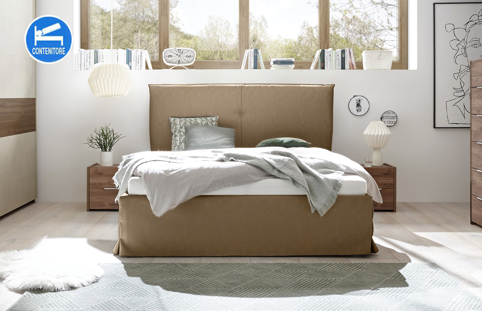 Conveniente Camera Matrimoniale moderna, finitura Noce scuro e Argilla