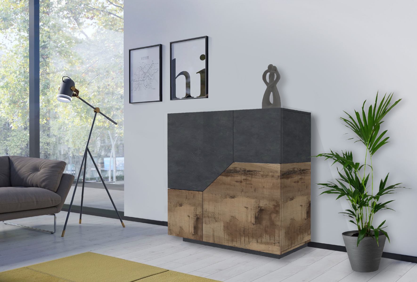 Conveniente Madia geometrica di design alta 2 ante, colore Ardesia e Pero