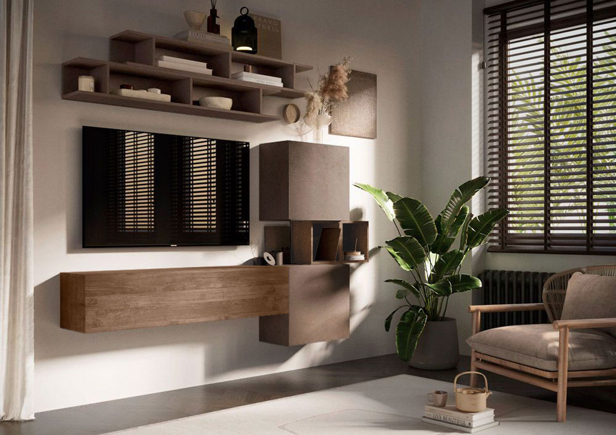 Soggiorno moderno 193x190x30 h cm, finitura Bronzo e Mercure, collezione Logica