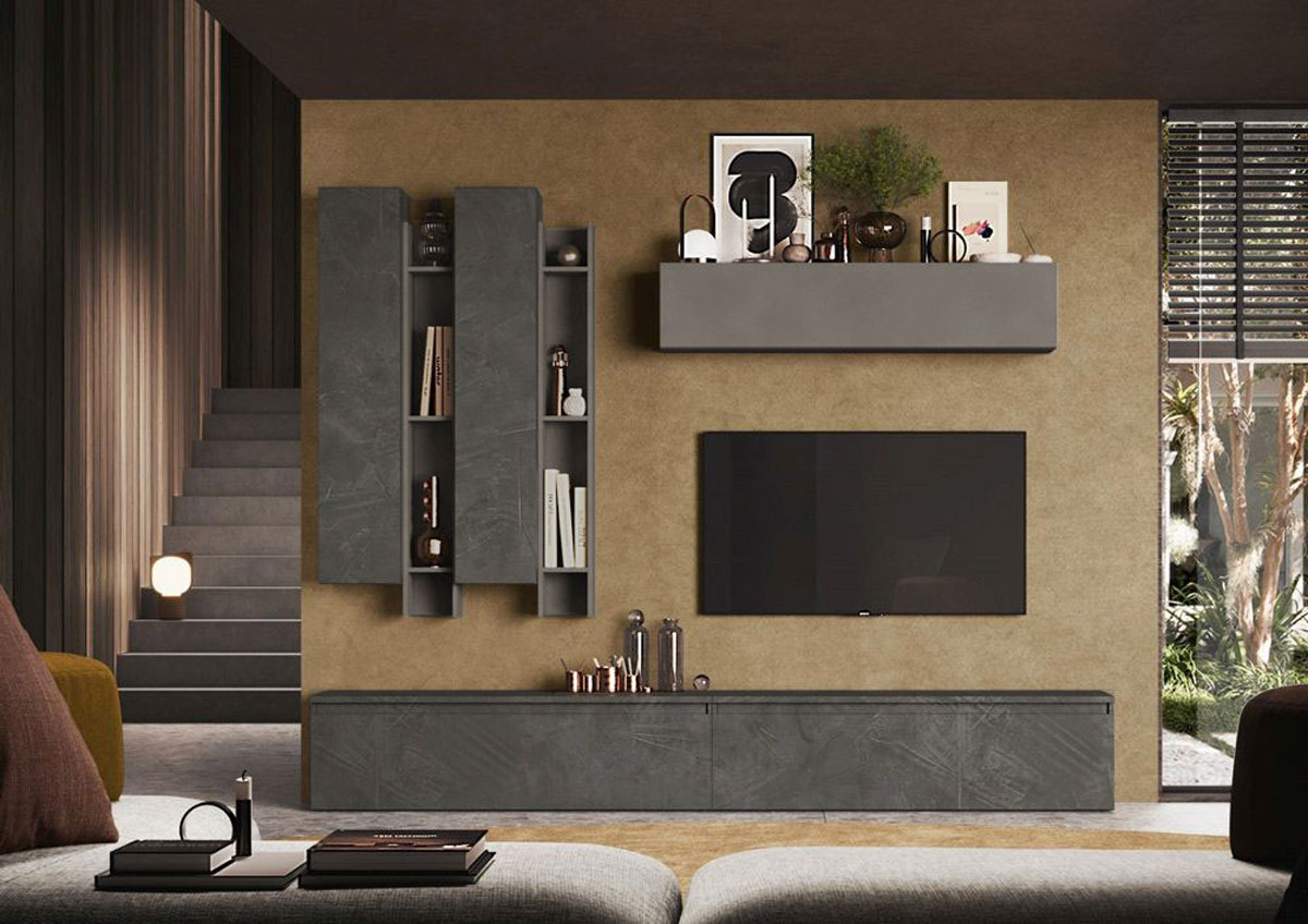 Soggiorno, Parete attrezzata L.262 finitura Piombo e Ardesia