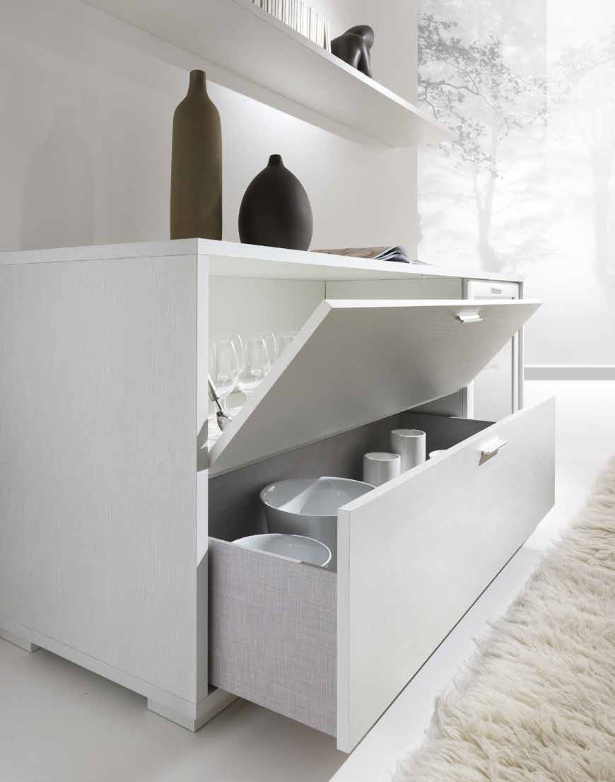 Credenza contenitore con anta in vetro, anta ribalta e cassettone inferiore 