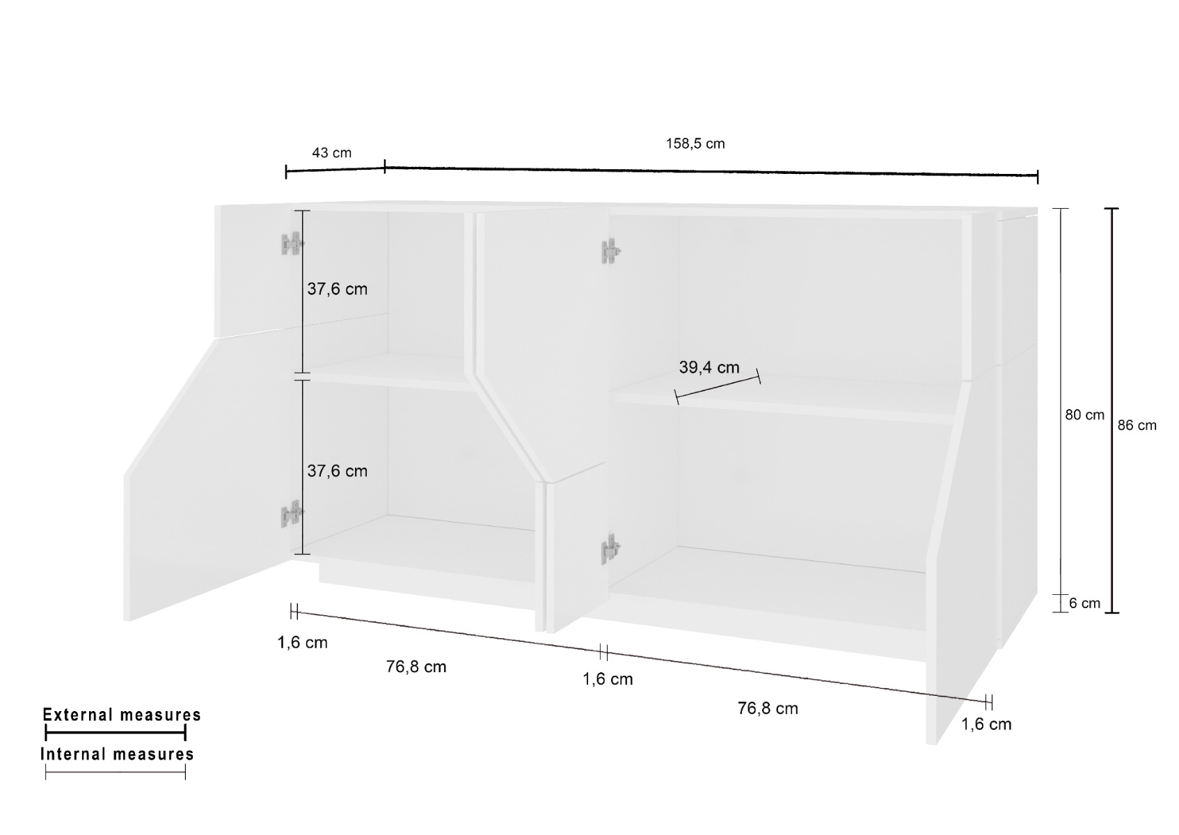 Credenza salvaspazio 4 ante in finitura Bianco lucido 