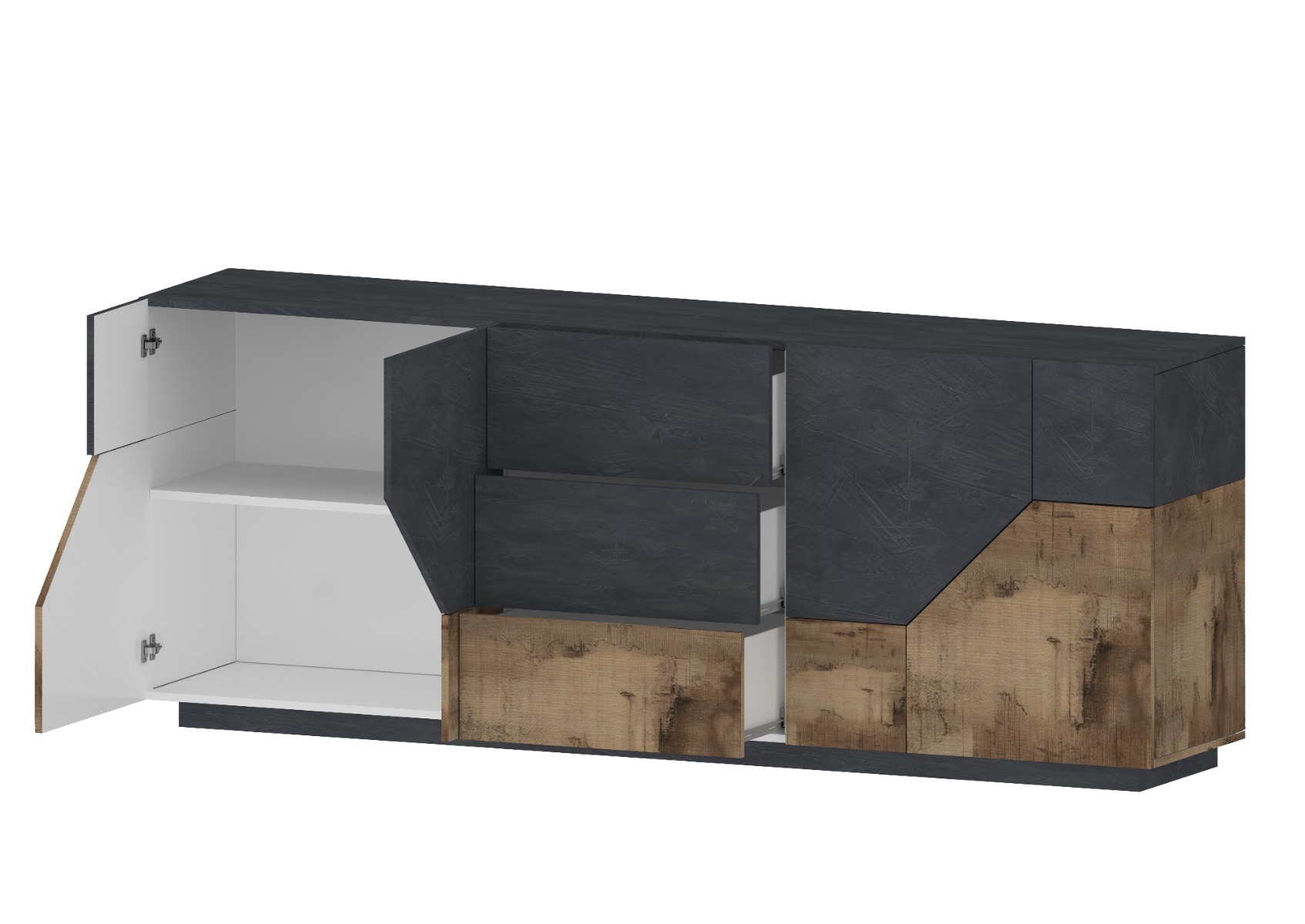 Conveniente Credenza geometrica 4 ante e 3 cassetti, colore Ardesia e Pero