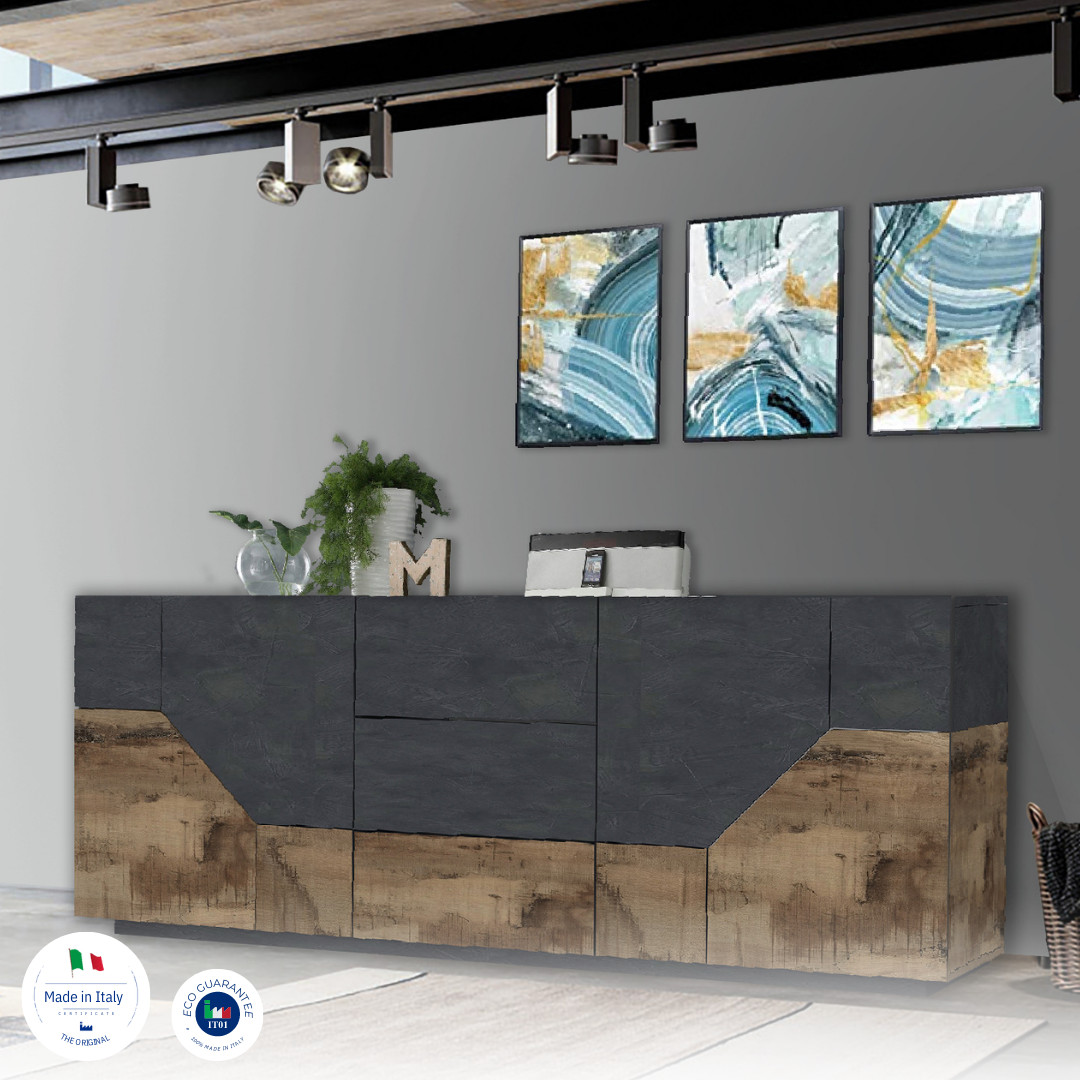 Conveniente Credenza geometrica 4 ante e 3 cassetti, colore Ardesia e Pero