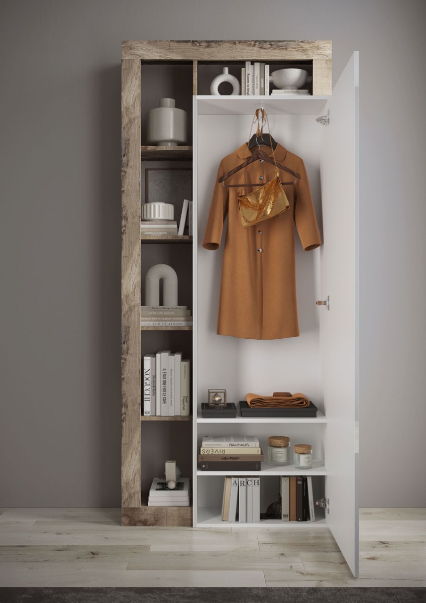 Conveniente composizione formata da guardaroba, panca, specchio, appendiabiti e madia 2 ante, Bianco lucido e Pero