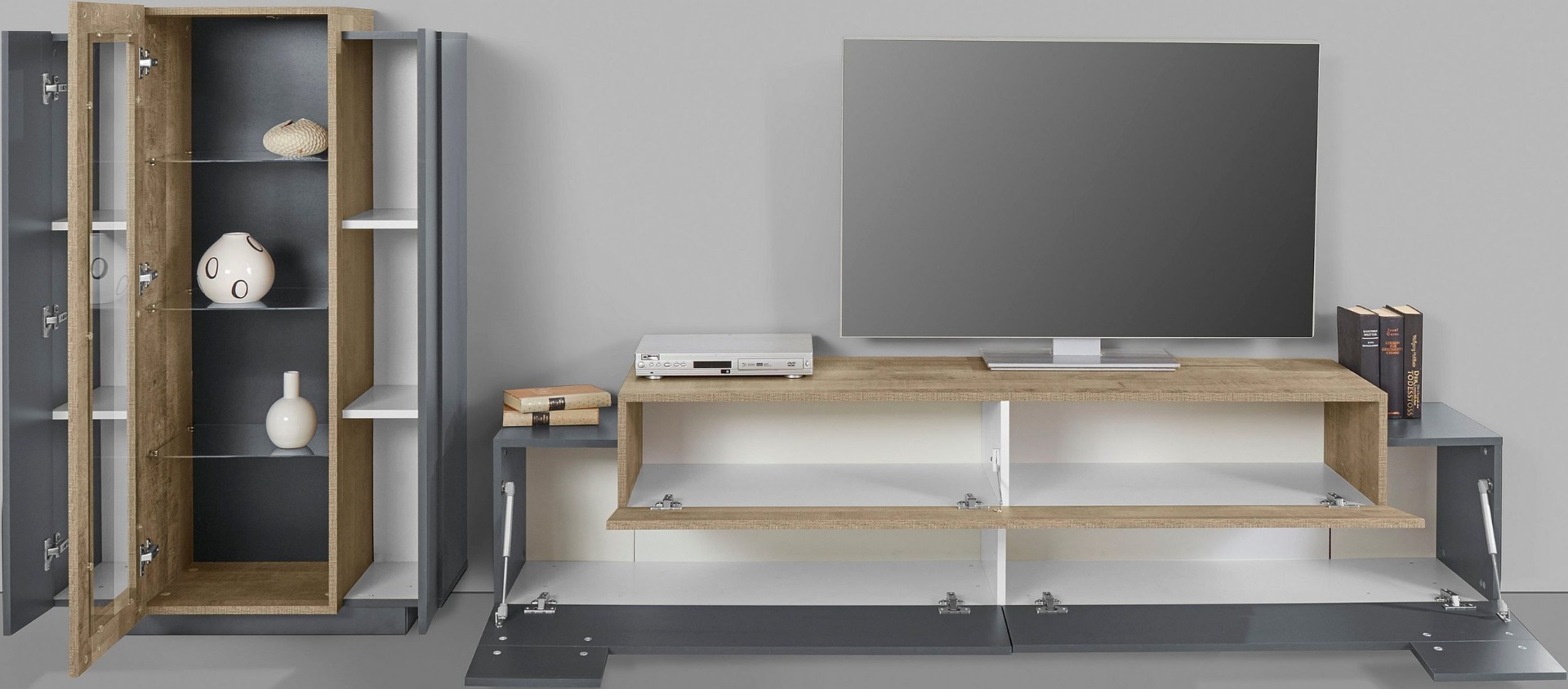 Soggiorno moderno con vetrina e porta tv in finitura Antracite e Oak