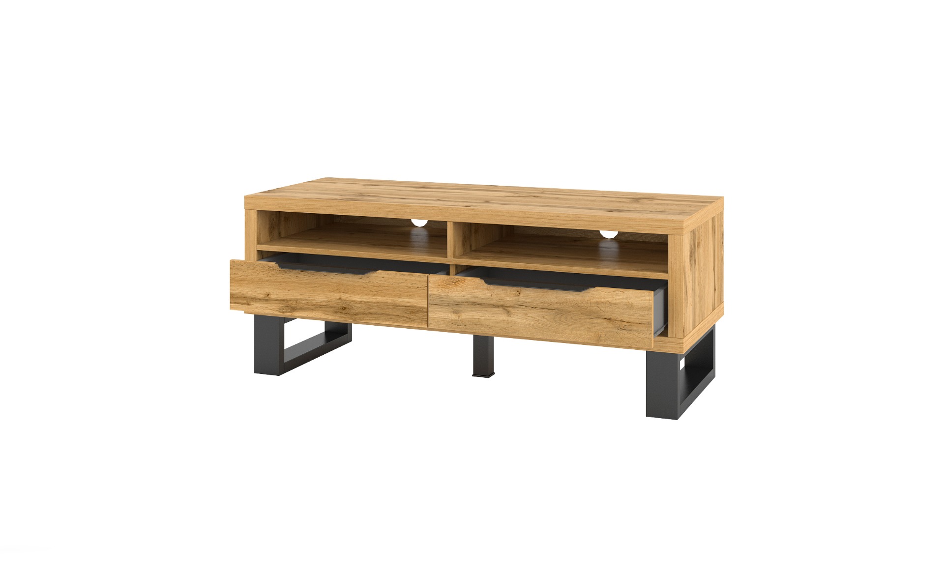 Porta TV salvaspazio, finitura quercia e metallo nero 