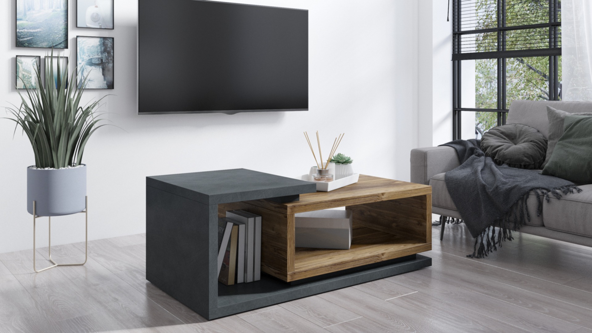 Tavolino da divano, noce e antracite spatolato