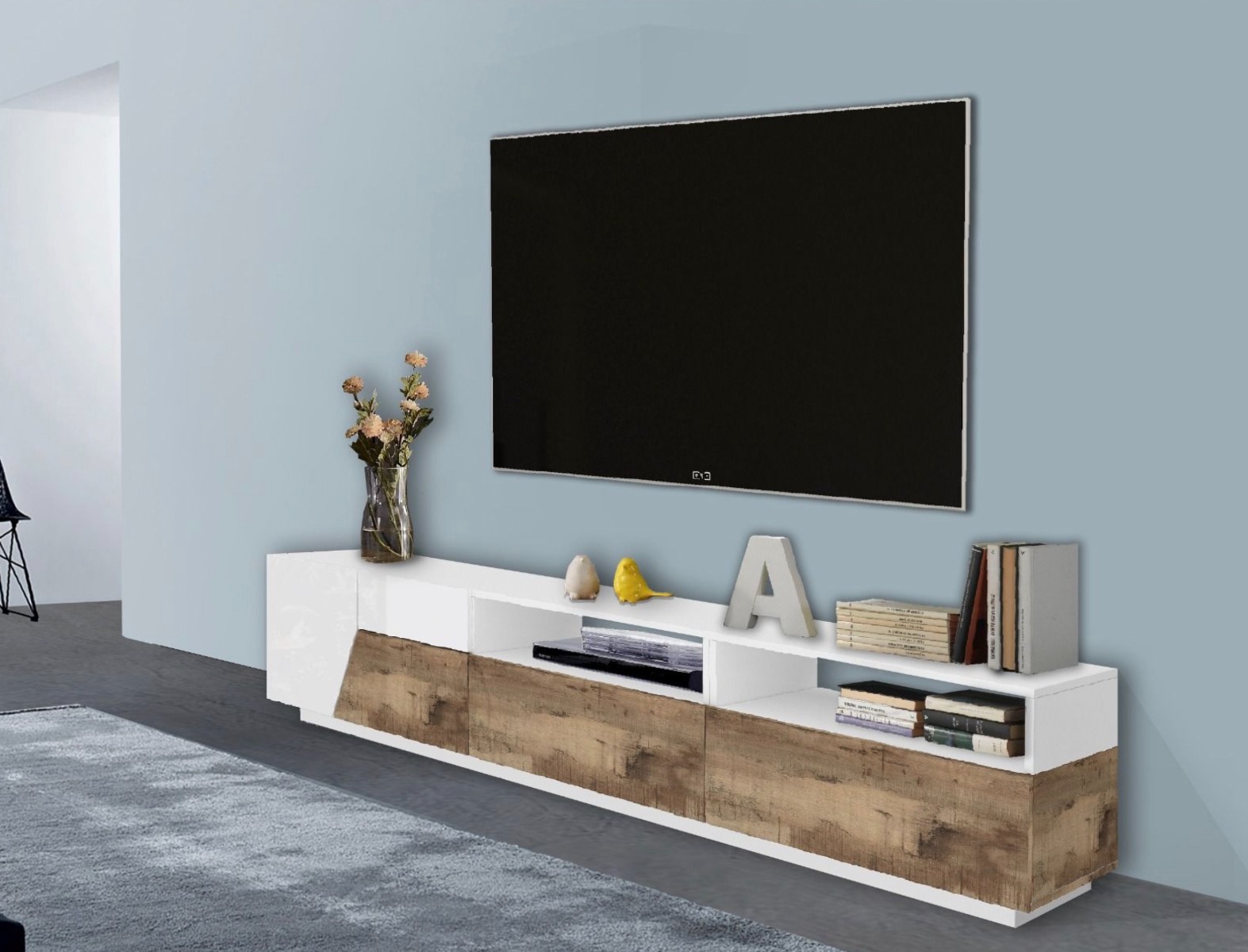 Elegante Mobile TV larghezza 200 cm, Pero e Bianco lucido 