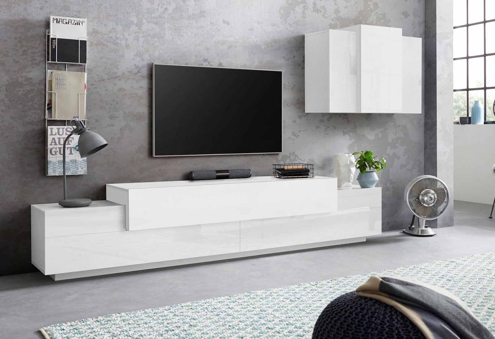 Mobile Porta TV moderno L.240 cm con pensile sospeso in finitura Bianco