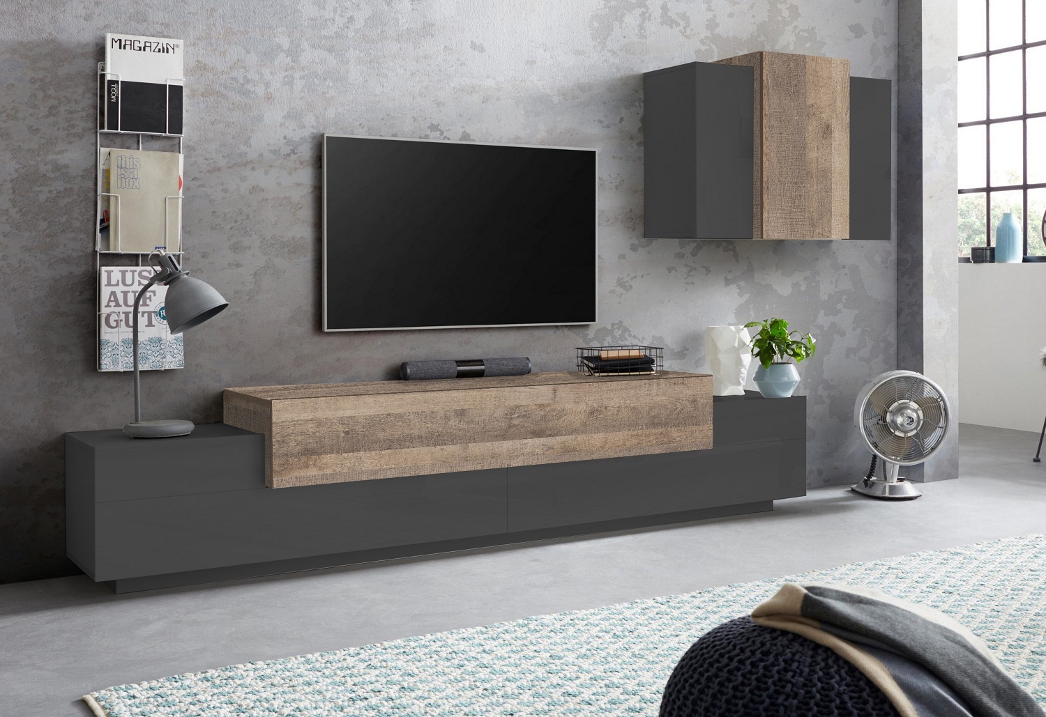 Economico Porta Tv L.240 cm con pensile sospeso in finitura Ardesia e Oak