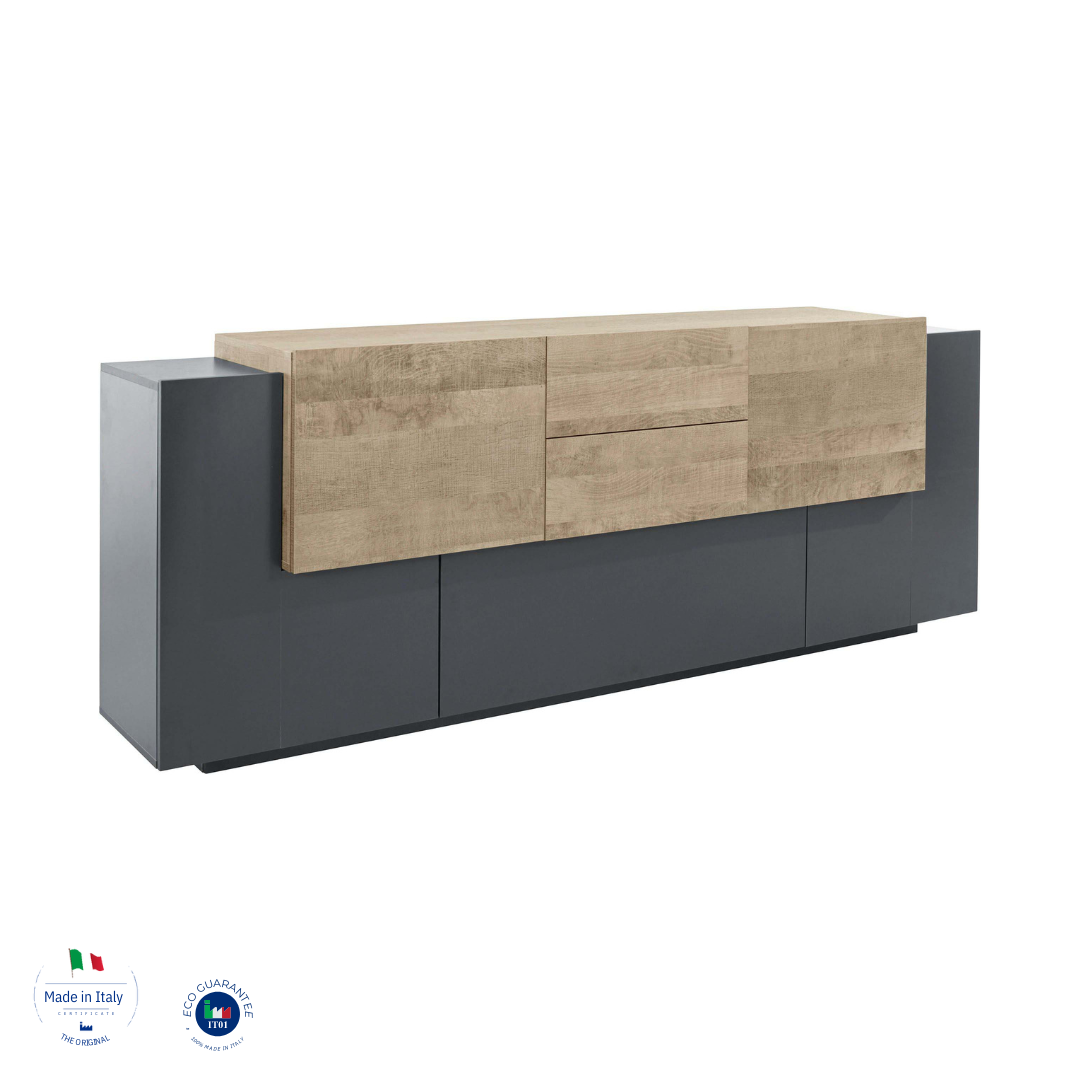 Credenza Made in Italy 5 ante e 2 cassetti, finitura Antracite e Oak